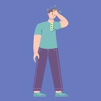 gráfico de ilustração vetorial de personagem de desenho animado de homem com pose de dor de cabeça em design plano. conceito de negócios. fundo azul. perfeito para promoção de negócios, gestão, marketing. vetor