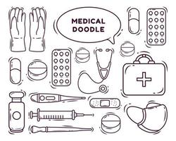 conjunto de coloração de estilo doodle de desenho médico kawaii desenhado à mão vetor