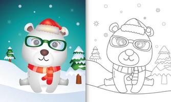 livro de colorir com um urso polar fofo personagens de natal usando chapéu de papai noel e cachecol vetor