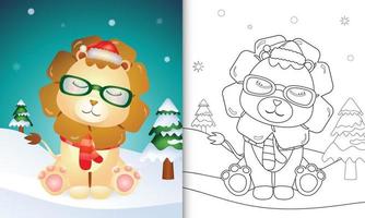 livro de colorir com personagens de natal de um leão fofo usando chapéu de papai noel e cachecol vetor