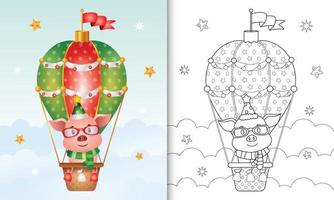 livro de colorir com personagens de natal de porco fofo em balão de ar quente com chapéu e cachecol vetor