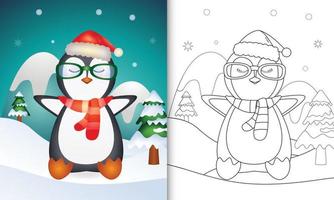 livro de colorir com um pinguim fofo personagens de natal com um chapéu de papai noel e cachecol vetor