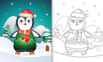 livro para colorir com um pinguim fofo personagens de natal com um chapéu de papai noel, jaqueta e cachecol vetor