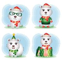 coleção de personagens de natal de urso polar fofo com um chapéu, jaqueta, cachecol e caixa de presente vetor