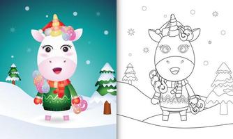 livro de colorir com personagens de natal de unicórnio fofos com chapéu de papai noel, jaqueta e cachecol vetor