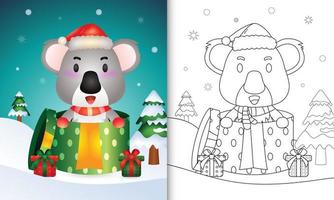 livro de colorir com personagens de natal de coala fofo usando chapéu de papai noel e cachecol na caixa de presente vetor