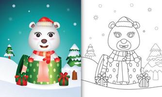 livro de colorir com um urso polar fofo personagens de natal usando chapéu de papai noel e cachecol na caixa de presente vetor