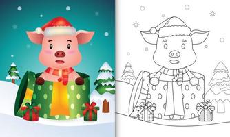 livro de colorir com personagens de natal de porco fofo usando chapéu de papai noel e cachecol na caixa de presente vetor