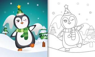 livro de colorir com um pinguim fofo personagens de natal com um chapéu e cachecol vetor