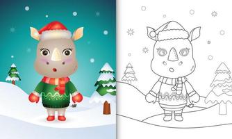 livro de colorir com um rinoceronte fofo personagens de natal com um chapéu de papai noel, jaqueta e cachecol vetor