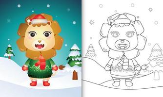 livro de colorir com personagens de natal de um leão fofo com um chapéu de papai noel, jaqueta e cachecol vetor