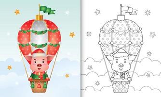 livro de colorir com personagens de natal de porco fofo em balão de ar quente com um chapéu de papai noel, jaqueta e cachecol vetor