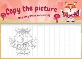 copie a imagem do jogo infantil e a página para colorir com uma raposa fofa usando fantasia de dia dos namorados vetor
