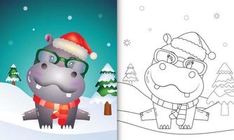 livro de colorir com personagens de natal de um hipopótamo fofo usando chapéu de papai noel e cachecol vetor
