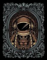 astronauta de ilustração com moldura de ornamento de gravura vetor