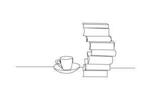 desenho de linha contínua de uma pilha de livro ao lado de uma xícara de café na mesa de trabalho. escrevendo o conceito de negócio de rascunho. moderno desenho de arte de uma linha desenho ilustração gráfica vetorial vetor