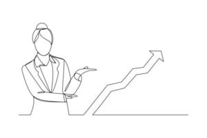 desenho de linha contínua de mulher de negócios em pé mostra crescente diagrama gráfico. uma única arte de linha de negócios aumenta o progresso do sucesso. ilustração vetorial vetor
