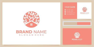 inspiração de design de logotipo de natureza de árvore de casa com design de cartão de visita. design de logotipo de casa de folha, ícone de árvore, ícone de telhado vetor
