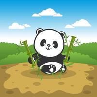 ilustração fofa de panda de personagem de desenho animado comendo bambu com fundo de floresta verde e céu azul. vetor