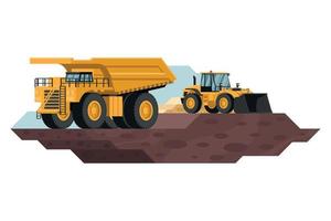 caminhão de mineração e carregador frontal em trabalhos de construção e mineração com máquinas pesadas 3d vetor
