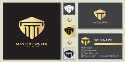 modelo premium de logotipo de pilar de advogado mestre de ouro de luxo com vetor de cartão de visita elegante eps 10
