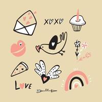 conjunto de ilustrações de adesivos de dia dos namorados em estilo doodle. vetor