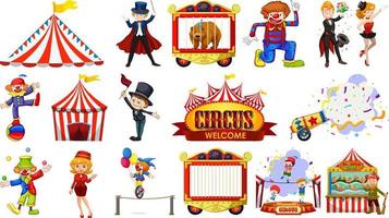 conjunto de personagens de circo e elementos de parque de diversões vetor