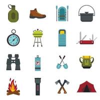 conjunto de ícones de equipamentos de acampamento, estilo simples vetor