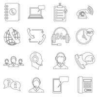conjunto de ícones de símbolos de call center, estilo de estrutura de tópicos vetor
