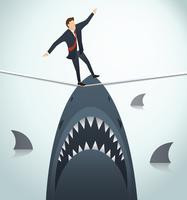 ilustração de um empresário andando na corda com tubarões por baixo risco de negócio