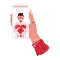 mão de mulher segura smartphone com namorado na tela vetor