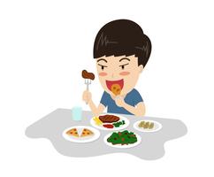 Vector a ilustração de um menino gosta de comer refeição gostoso na tabela - personagem de desenho animado