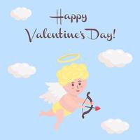 lindo bebê Cupido com flecha de coração, arco e auréola. personagem de querubim com asas de anjo está voando entre as nuvens. vetor