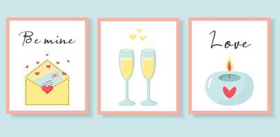 cartões de dia dos namorados conjunto com envelope de amor, taças de champanhe e vela com coração. letras de amor fofas. vetor