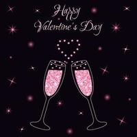 duas taças de champanhe com glitter rosa e respingo em forma de coração. cartão de dia dos namorados. vetor
