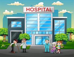 desenhos animados de médicos e pacientes em frente ao hospital vetor