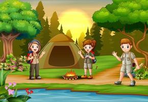 crianças escoteiros pessoas aventura camping vetor