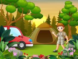 escoteiro com barraca de acampamento e carro vermelho vetor