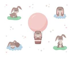 conjunto de vetores de coelho bonito dos desenhos animados, coleção de coelhinhos. ilustrações de conceito em fundo branco de cor pastel. perfeito para cartazes, adesivos, cartões, papel de parede, fundos, convites.
