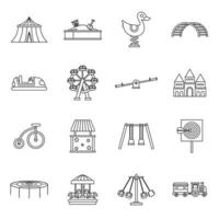 conjunto de ícones de parque de diversões, estilo de estrutura de tópicos vetor