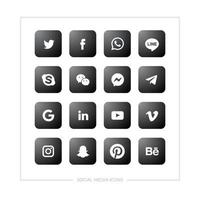 conjunto de vários ícones de mídia social com cor preta em uma forma arredondada quadrada simples. vetor