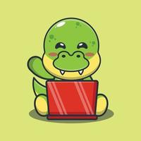 Dino fofo com ilustração vetorial de desenhos animados de laptop. vetor