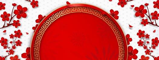 fundo de banner de ano novo chinês com decoração de flor de flor de cerejeira vermelha vetor