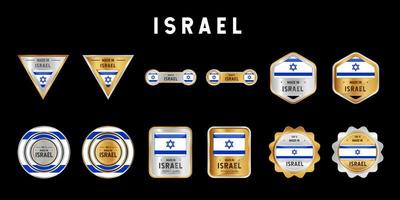 feito na etiqueta, selo, crachá ou logotipo de israel. com a bandeira nacional de Israel. nas cores platina, ouro e prata. emblema premium e de luxo vetor