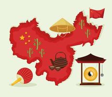 mapa e ícones chineses vetor