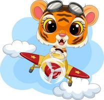 tigre bebê dos desenhos animados operando um avião vetor