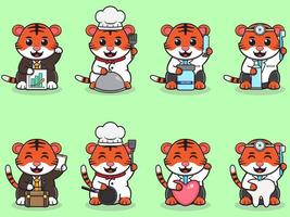 ilustração em vetor de pose de gato de sorte tigre bonito dos desenhos animados com traje de empresário, chef e médico.