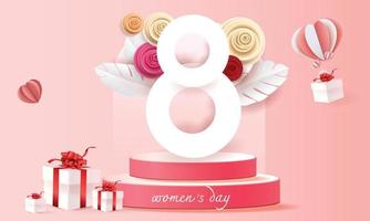 8 de março feliz ilustração do dia da mulher. arte de papel rosa fundo vermelho flor e coração vetor