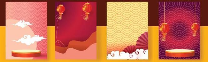 ano novo chinês definir fundos ouro vermelho vector design de pódio padrão gráfico cartão de modelo moderno