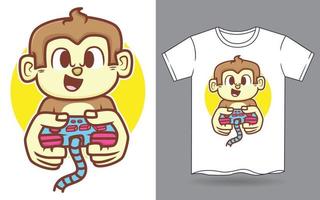 macaco bonito segurando a ilustração dos desenhos animados do joystick do jogo para camiseta vetor